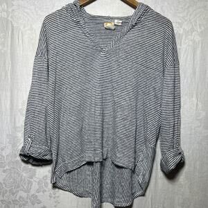 C&C California 100% Linen Shirt XL Blue White Striped Hooded Roll Tab Sleeves